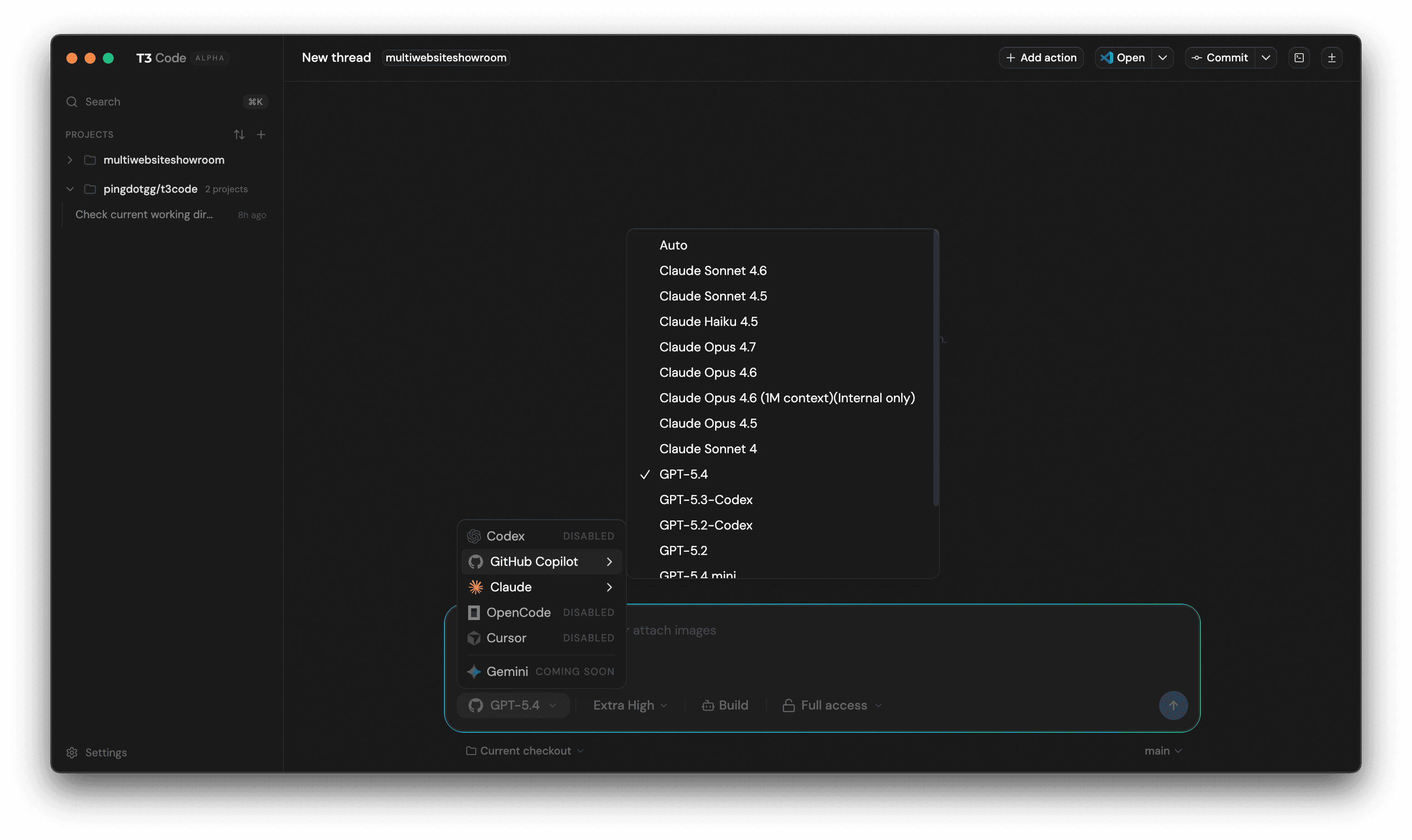 T3 Code editor after Copilot provider was added